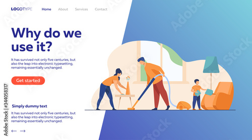 Happy family housekeeping together flat vector illustration. Daughter, mother and father working for household and clean home. Housekeeping and house concept