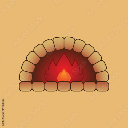 Stone brick, pizza firewood oven with fire