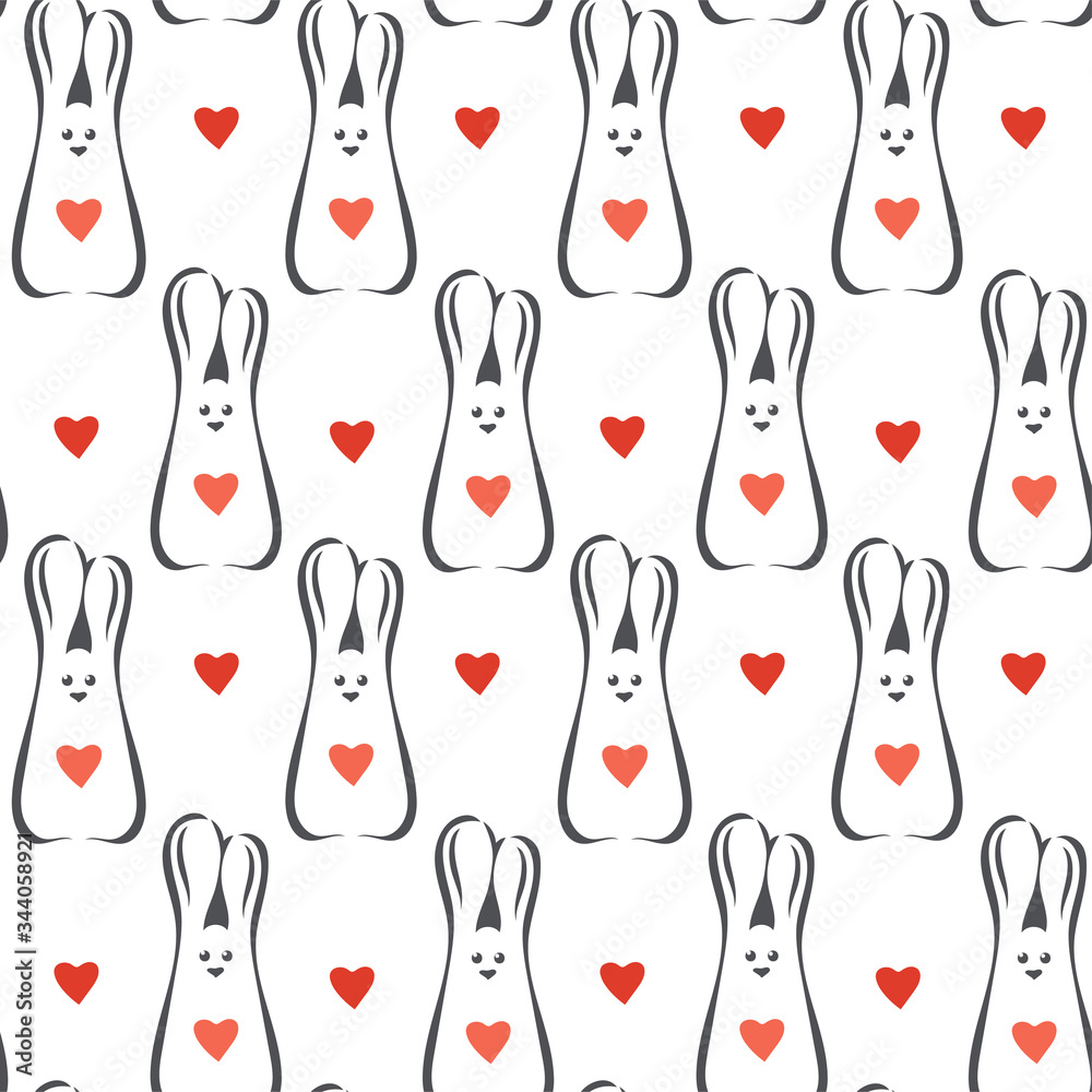 Vector seamless pattern with abstract rabbits. Texture with cute animals for textile or wrapping paper. Little bunnies with hearts on a white background. 