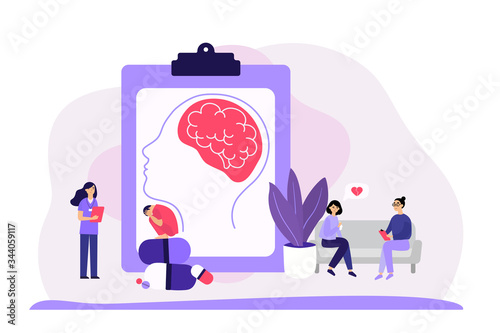 Psychiatrist counseling faceless patients flat vector illustration. Mental disorder, addiction and depression treatment. Family psychologist, psychoanalysis and psychotherapy concept