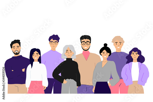 Corporate portrait of office workers and employees flat vector illustration. Cartoon happy business team, colleagues standing together. Staff and professionals concept