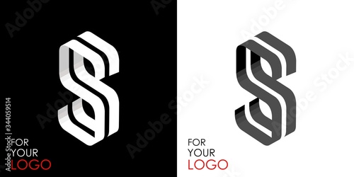 Isometric letter S. From stripes, lines. Template for creating logos, emblems, monograms. Black and white options. 3D art symbol. Vector