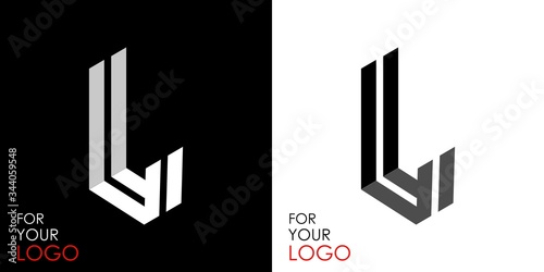 Isometric letter L. From stripes, lines. Template for creating logos, emblems, monograms. Black and white options. 3D art symbol. Vector