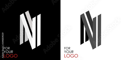 Isometric letter N. From stripes, lines. Template for creating logos, emblems, monograms. Black and white options. 3D art symbol. Vector