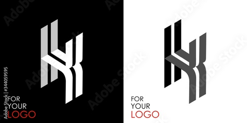 Isometric letter K. From stripes, lines. Template for creating logos, emblems, monograms. Black and white options. 3D art symbol. Vector
