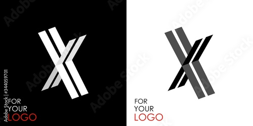 Isometric letter X. From stripes, lines. Template for creating logos, emblems, monograms. Black and white options. 3D art symbol. Vector