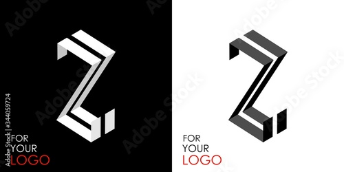 Isometric letter Z. From stripes, lines. Template for creating logos, emblems, monograms. Black and white options. 3D art symbol. Vector