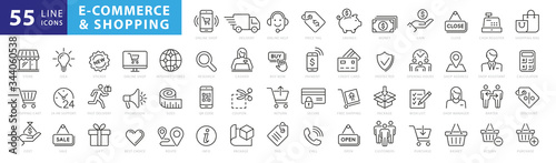 Set of 50 E-commerce and shopping web icons in line style. Mobile Shop, Digital marketing, Bank Card, Gifts