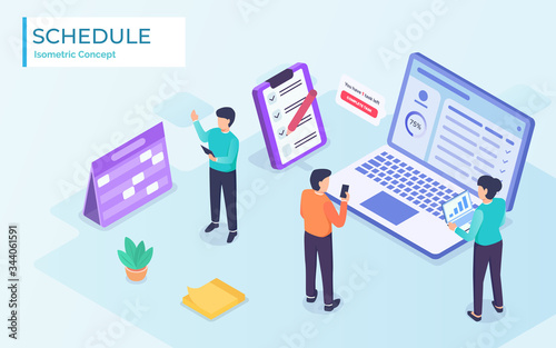 Company business team working together planning and scheduling their operations agenda on a spring desk calendar with Flat style vector isometric