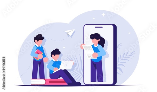 People while browsing the webinar. Online education by watching videos on your mobile phone. Modern flat vector illustration.