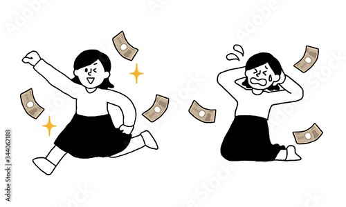 お金を稼ぐ、金欠私服女性（シンプル）