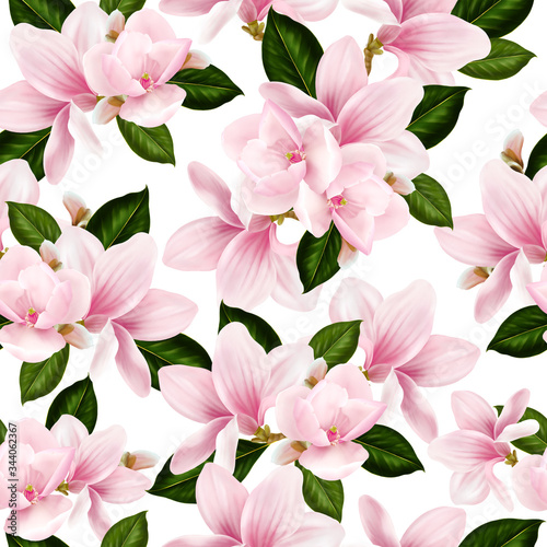 Beautiful colorful pattern with flowers and leaves of magnolia. 