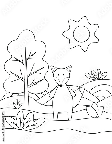 Fototapeta Naklejka Na Ścianę i Meble -  Cute coloring book with funny fox, sun, grass, trees. For the youngest children. Black sketch, simple shapes, silhouettes, contours, lines. Children's fairy tale vector illustration.