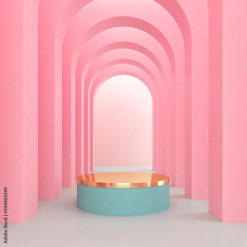 Minimal style of arch space with gold presentation podium, Architectural details with shadow on archway. 3D rendering. Minimal style of arch space with gold presentation podium, Architectural details with shadow on archway. 3D rendering.