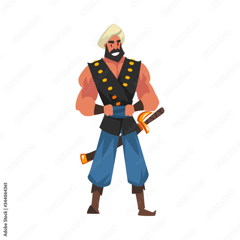 Muscular Armed Warrior, Arabian Fairy Tale Cartoon Character Vector Illustration Muscular Armed Warrior, Arabian Fairy Tale Cartoon Character Vector Illustration