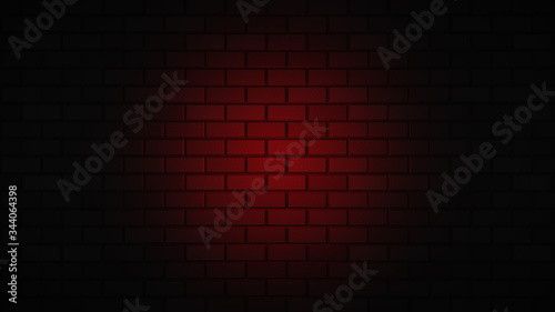 Empty brick wall with red neon light with copy space. Lighting effect red color glow on brick wall background. Royalty high-quality free stock photo image of blank, empty background for texture