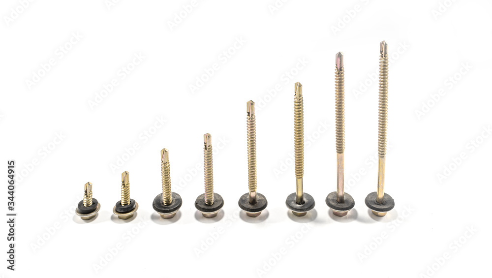 tapping screws made od steel, metal screw, iron screw, chrome screw, screws as a background, wood screw, white background tapping screws made od steel, metal screw, iron screw, chrome screw, screws as a background, wood screw, white background
