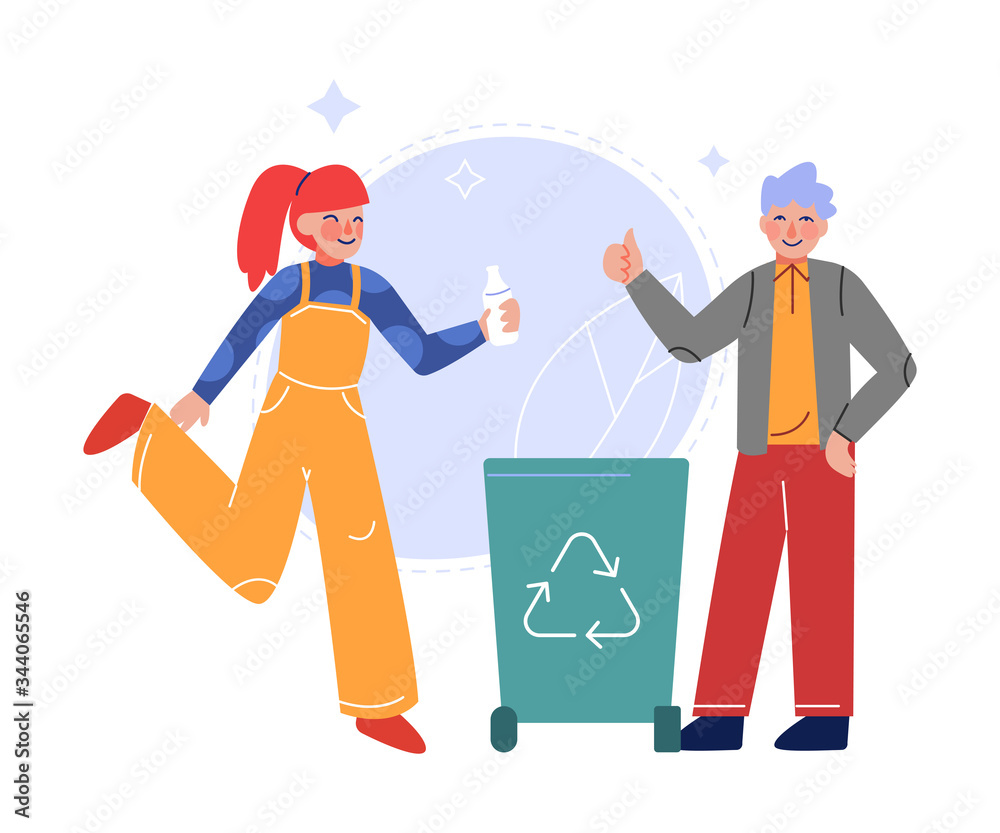 Boy and Girl Collecting Plastic Wastes into Trash Bin, Children Picking Up Garbage for Recycling Vector Illustration Boy and Girl Collecting Plastic Wastes into Trash Bin, Children Picking Up Garbage for Recycling Vector Illustration