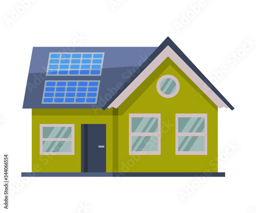 Modern Green Eco House with Solar Panels Flat Vector Illustration