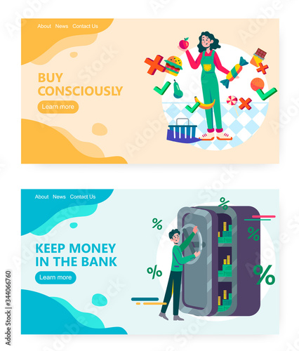 Saving money in a bank, money safe box, consious eating. Healthy food, fruits. Concept illustration. Vector web site design template. Landing page website illustration.