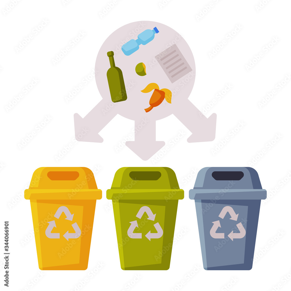 Sorting Waste for Recycling, Segregation and Separation Garbage Disposal Bins Flat Vector Illustration Sorting Waste for Recycling, Segregation and Separation Garbage Disposal Bins Flat Vector Illustration
