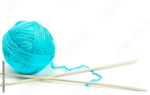 Ball of woolen thread and knitting needles isolated on white background. Free space for text.