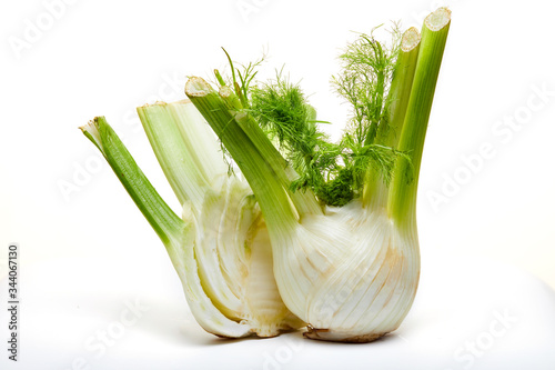 Fresh organic fennel bulbs are isolated on a white background