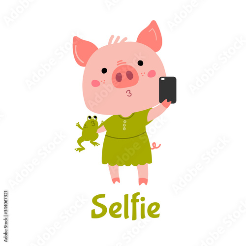 Vector Pink Piggy girl with a green frog makes selfie. Cartoon illustration 