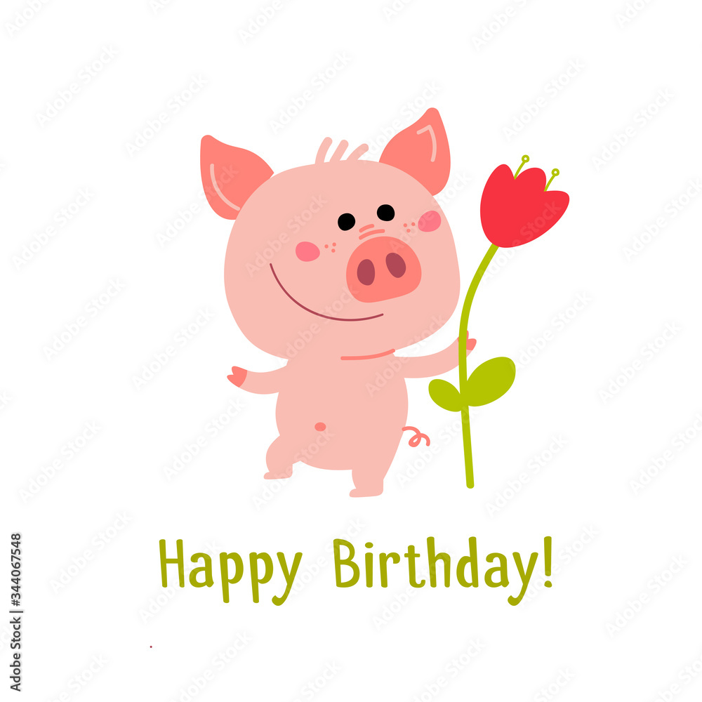 Cute Pink Piggy. Cartoon illustration for card, prints, calendar, sticker, invitation, baby shower, children clothes, posters.
