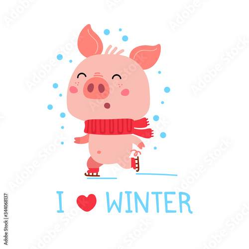 Vector Pink Piggy in winter clothes skiing. Cartoon illustration 