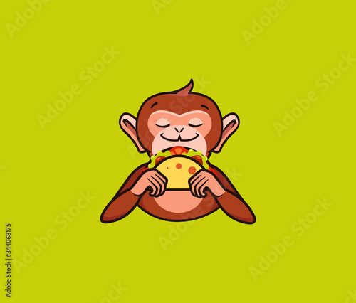 The logo funny monkey eats taco. Cute macaque, cartoon character, food logotype, badge, sticker, emblem on green background. Vector illustration, flat, line art style, creative design