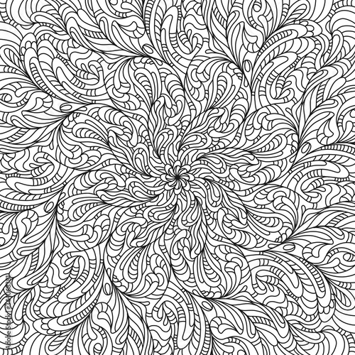 Curved lines, curls mandala coloring. Abstract pattern. Circles and lines, shapes. Beautiful relaxation black and white ornament. Large size, meditative drawing. Coloring book page.
