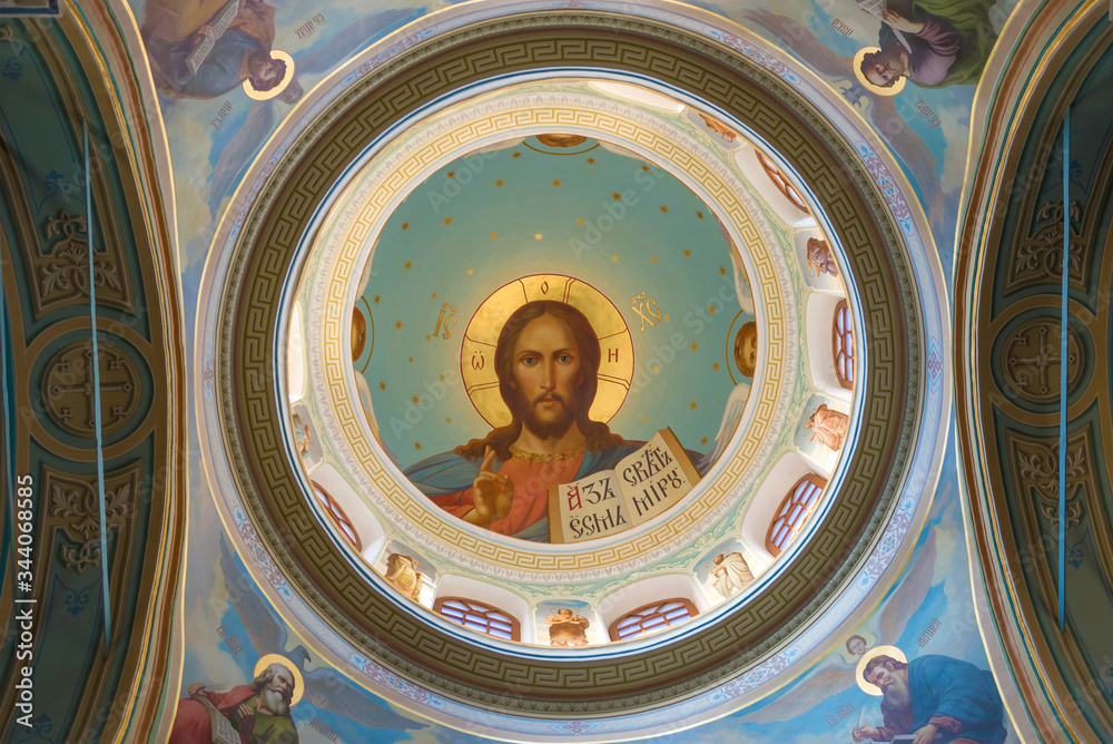 Image of Jesus Christ on the inside of the dome of the Trinity Church. Staritsky Holy Assumption Monastery, Tver region