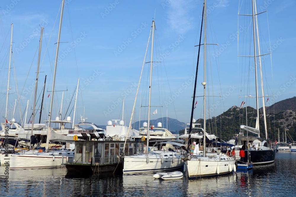 Yachts at the pier of a yacht club in the Turkish city of Marmaris