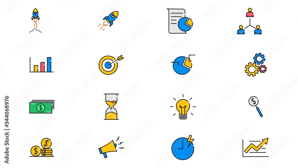 Fototapeta premium Startup line icons on white background. Launch Project, Business report and Target. vector illustration 
