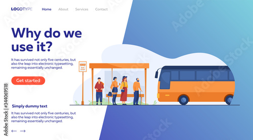 Passengers waiting for public transport at bus stop flat vector illustration. Cartoon characters using auto. Transportation and conveyance concept.