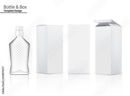 3D Glossy Transparent Bottle Mock up Realistic Cosmetic and 3 Dimensional Box for water mouth wash merchandise on White Background Illustration. Health Care and Medical.