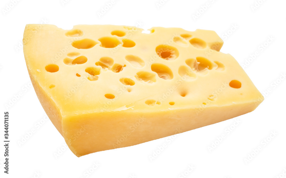 piece of semi-hard swiss cheese with holes cutout on white background