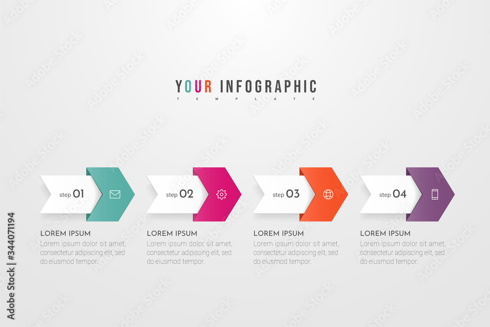 Infographic concept design with 4 options, steps or processes. Can be used for workflow layout, annual report, flow charts, diagram, presentations, web sites, banners, printed materials.