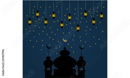 Ramadan Kareem and Eid Mubarak template.Ramadan Kareem Islamic design crescent moon and mosque dome background. Suitable for greeting card, flyer, poster and banner. Vector illustration photo