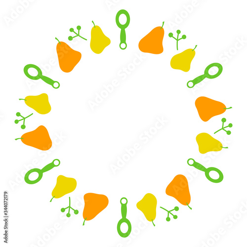Frame made of hand-drawn pear and children's spoons .The concept of baby food. Natural products for children. Space for text. Vector design template