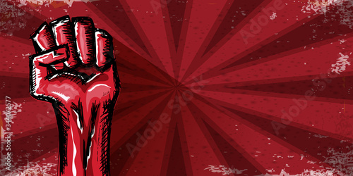 Vectro red protest fist isolated on red horizontal banner background. 1 may Labor day concept illustration with hand drawn rised fist in the air. Mayday graphic horizontal banner design template