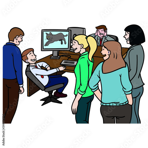 A large office full of people laughs very loudly over a video, while one is covering his ears. rules, office, noise, private videos, comic.