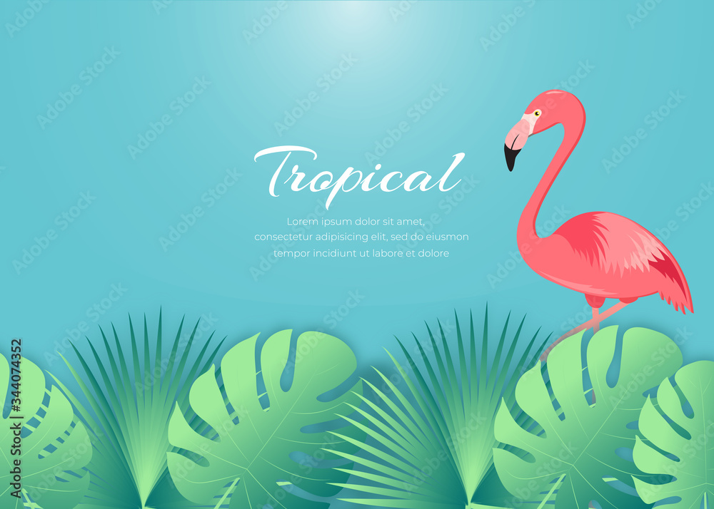 Obraz premium 플라밍고와 열대 잎의 배경을 갖춘 여름 배경
