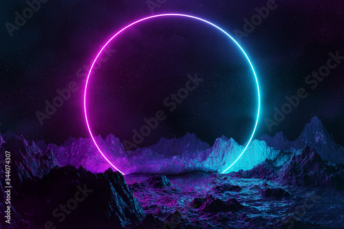 Abstract background with blue and pink neon light circle reflecting on asteroid ground 3D rendering