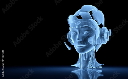 Artificial intelligence holographic projection with robot head 3D rendering
