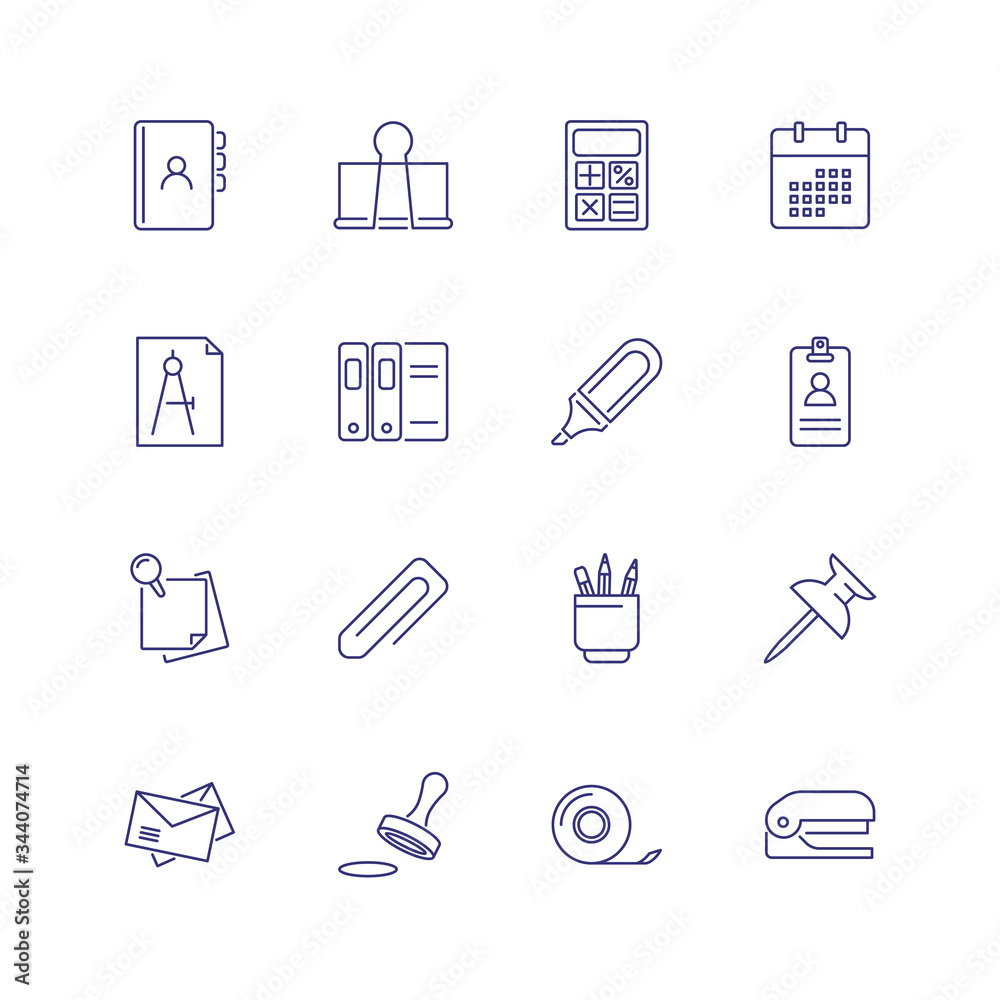 Stationery line icon set. Calculator, calendar, badge. Work tools concept. Can be used for topics like office equipment, facilities, workplace Stationery line icon set. Calculator, calendar, badge. Work tools concept. Can be used for topics like office equipment, facilities, workplace