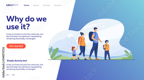 Happy active family walking outdoors. Couple of tourists with children hiking, carrying camping backpacks. Vector illustration for holiday, mountain trekking, activity, lifestyle concept