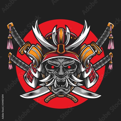 samurai helmet with katana sword vector
