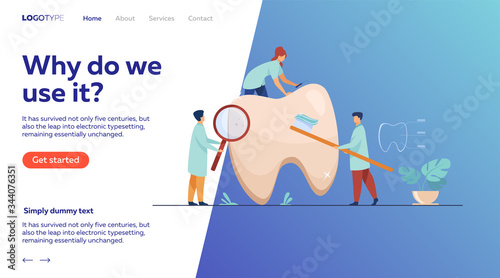 Team of dentists taking care of teeth. Small doctors examining, treating, cleaning, brushing big tooth. Vector illustration for cavity, caries, dental care, stomatology concept
